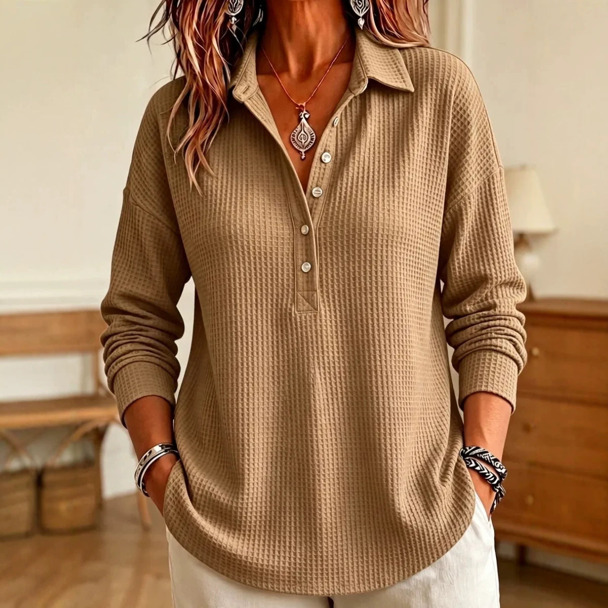 CLEARANCE SALE🔥 Women's Casual Waffle Knit Collared Henley Long Sleeve Shirt