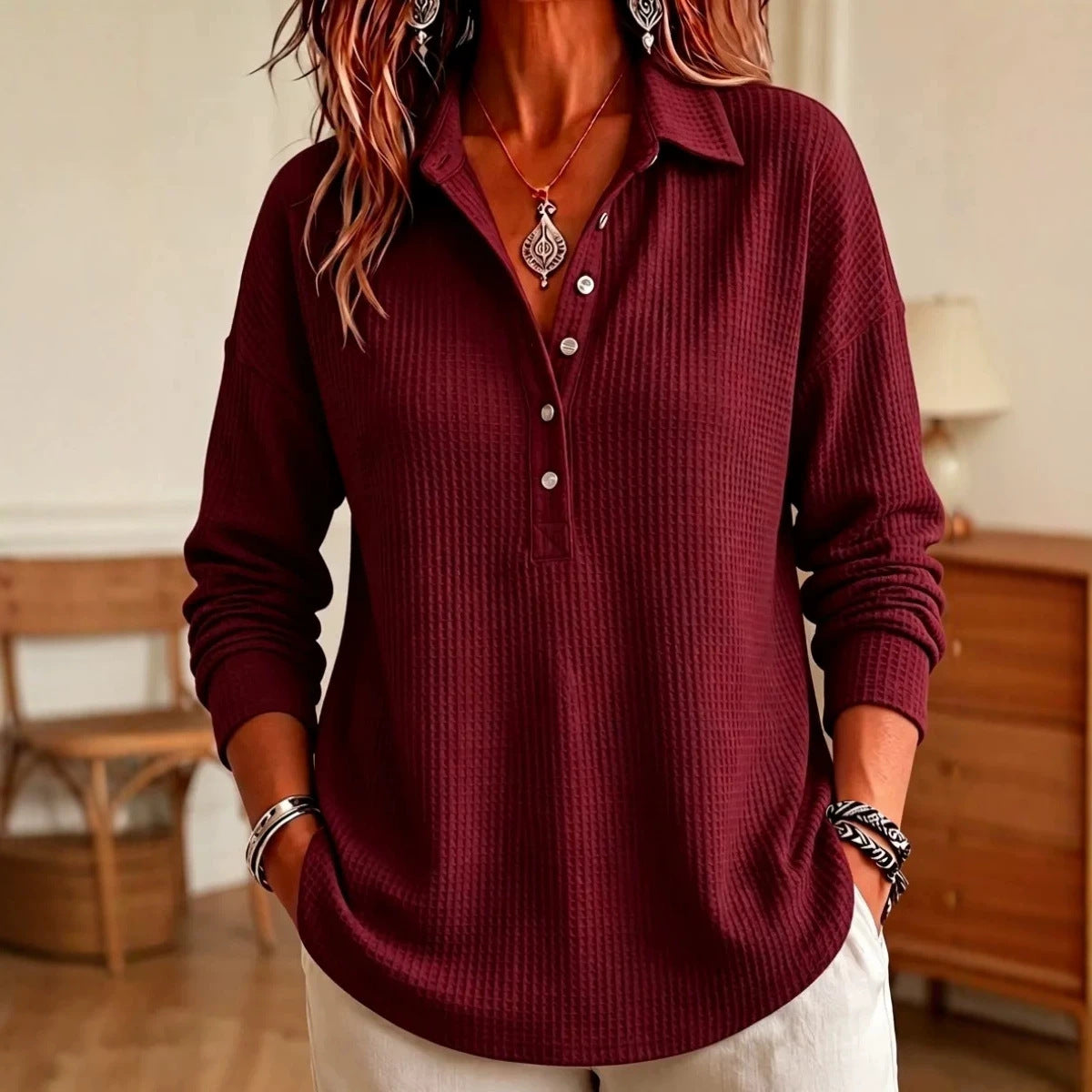 CLEARANCE SALE🔥 Women's Casual Waffle Knit Collared Henley Long Sleeve Shirt