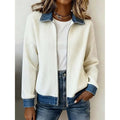🎁New Arrivals 🔥Women's Casual Ribbed Knit Zip-Up Jacket with Contrast Denim Details