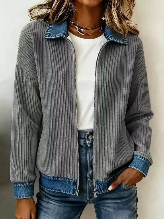 🎁New Arrivals 🔥Women's Casual Ribbed Knit Zip-Up Jacket with Contrast Denim Details