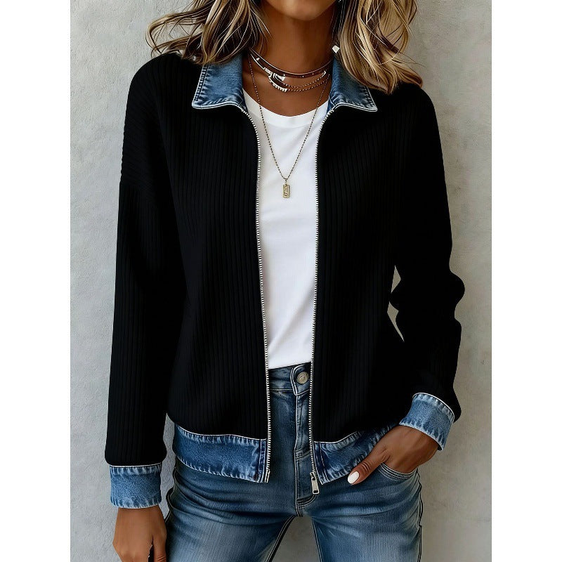 🎁New Arrivals 🔥Women's Casual Ribbed Knit Zip-Up Jacket with Contrast Denim Details