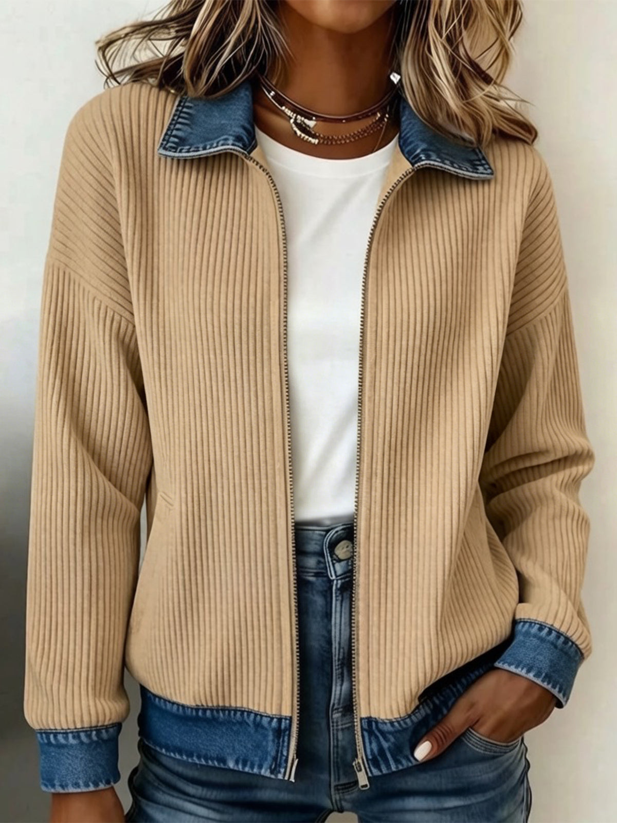 🎁New Arrivals 🔥Women's Casual Ribbed Knit Zip-Up Jacket with Contrast Denim Details
