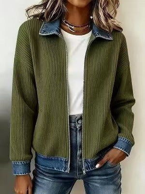 🎁New Arrivals 🔥Women's Casual Ribbed Knit Zip-Up Jacket with Contrast Denim Details