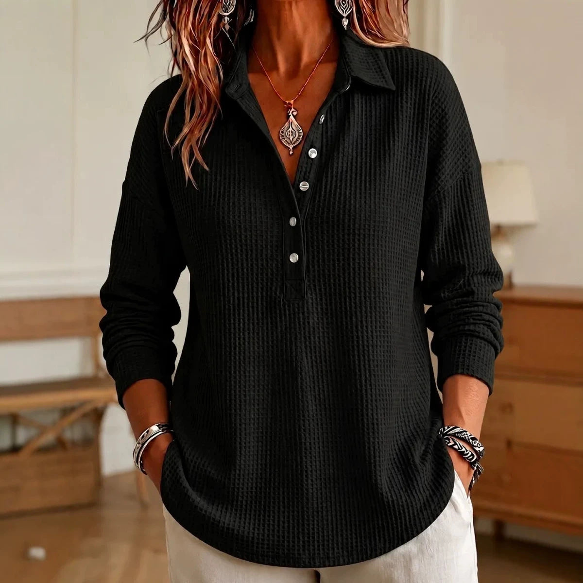 CLEARANCE SALE🔥 Women's Casual Waffle Knit Collared Henley Long Sleeve Shirt