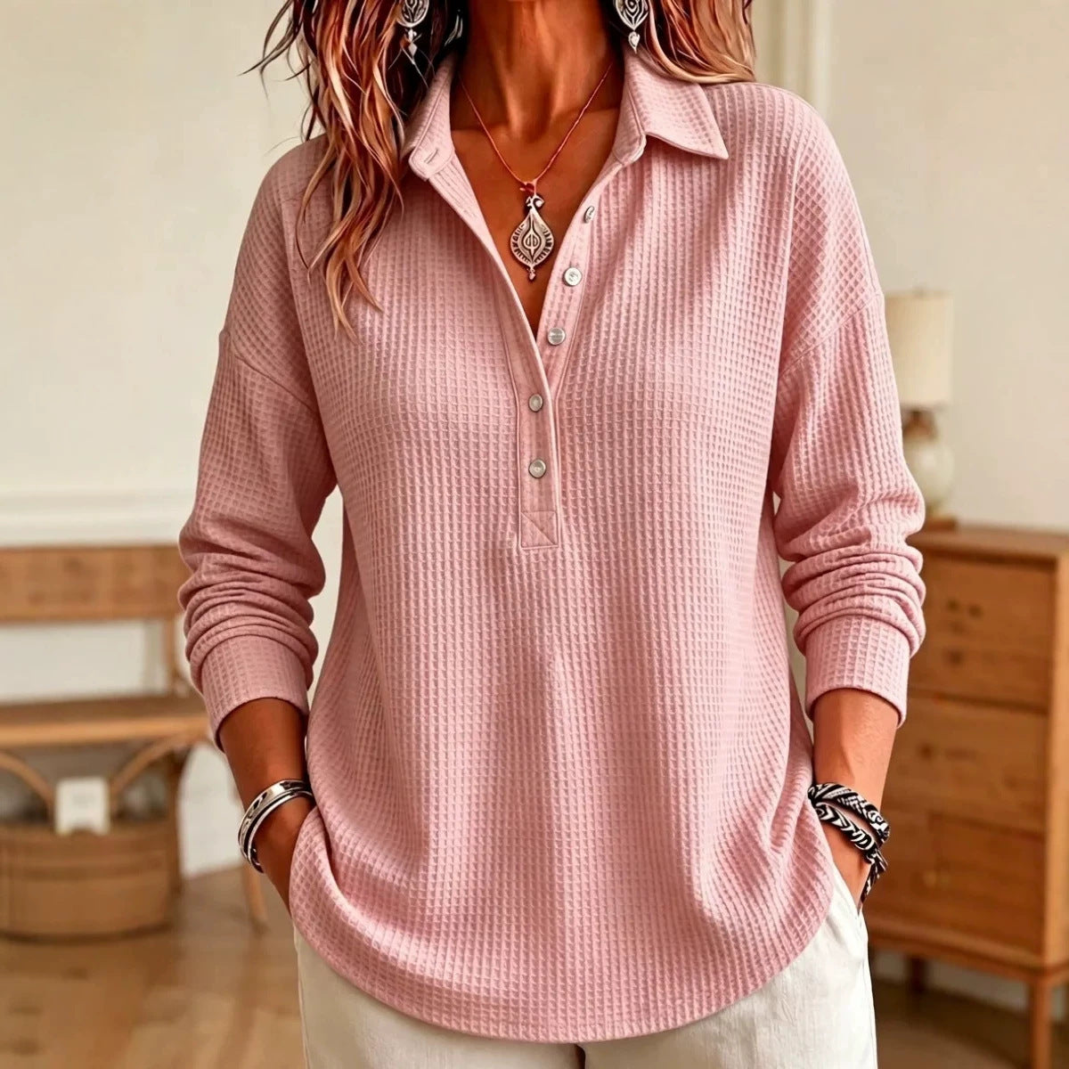 CLEARANCE SALE🔥 Women's Casual Waffle Knit Collared Henley Long Sleeve Shirt