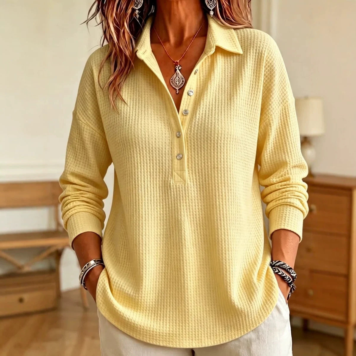 CLEARANCE SALE🔥 Women's Casual Waffle Knit Collared Henley Long Sleeve Shirt
